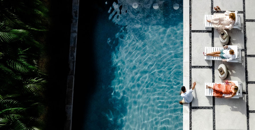 group gathered in pool