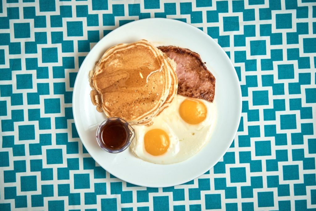 breakfast pancakes, bacon and eggs