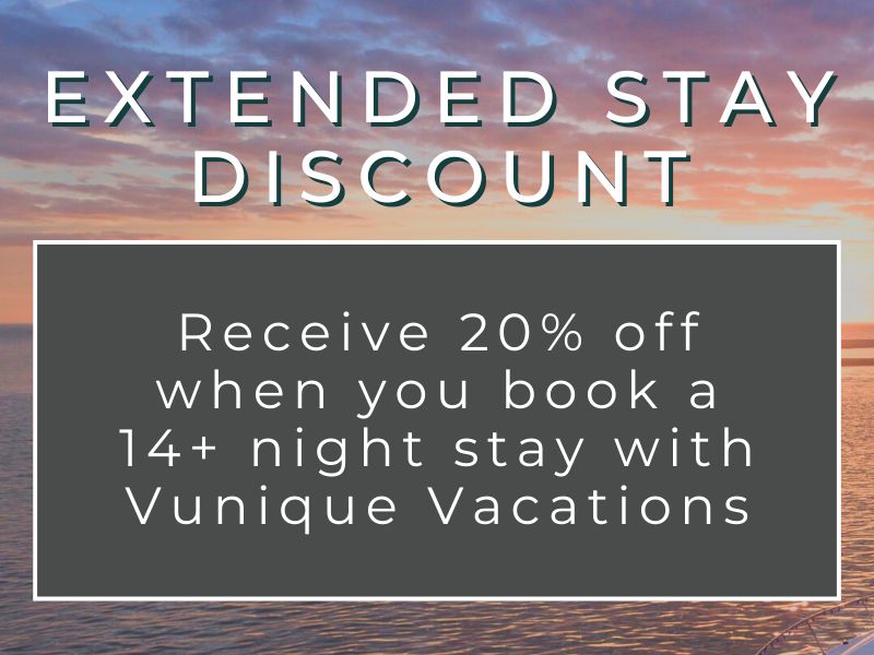Extended Stay Discount Graphic - "Receive 20% off when you book a 14+ night stay with Vunique Vacations"